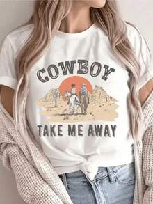 Desert Sunset With Riders Galloping Towards Freedom Symbolizing Adventure And Connection With Nature. Comfortable And Modern Women's T-Shirt For A Free Spirit. - White - View 1