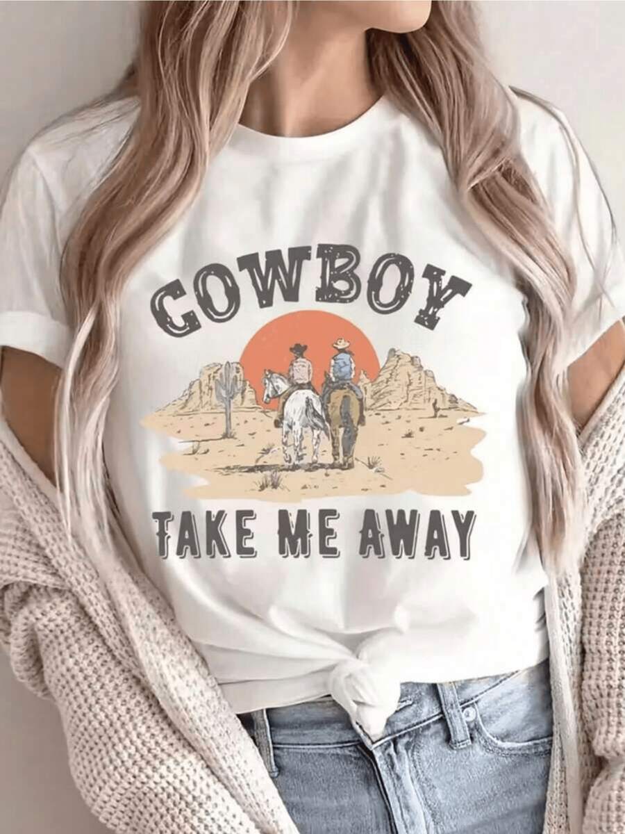 Desert Sunset With Riders Galloping Towards Freedom Symbolizing Adventure And Connection With Nature. Comfortable And Modern Women's T-Shirt For A Free Spirit. - White - View 1