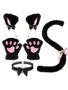 4pcs/3pcs/2pcs Cute Cartoon Cat Cosplay Accessory Set, Party Decorations, Includes Cat Ear Headband, Cat Paw Gloves, Cat Tail Necklace, Performance Props, Black & White Halloween Cat Cosplay Props Set - A - View 5