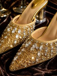 Women's High Heel Shoes With Rhinestones, Pointed Toe Chunky Heel Slip-On Mules, Glamorous For Wedding, Party, Banquet, Dance, Commute, Office, Versatile & Comfortable, Gold Color - Gold - View 5