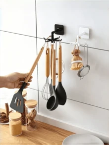 2pcs Heavy Duty ABS 360 ° Rotatable 6-Fork Hook, No Punching Adhesive Hanger, Space Saving Storage Rack, Suitable For Multifunctional Storage Organizer Of Kitchen Utensils, Bathroom Accessories, And Home Living Spaces, Multifunctional Hanging Storage Rack - A - View 2