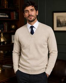 Men's Premium Knit Sweater With V-Neck - Beige - View 1