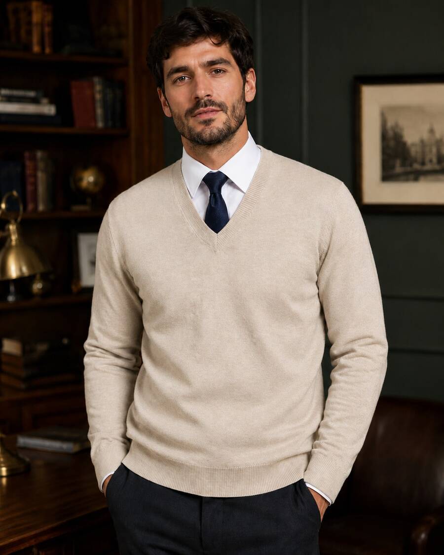 Men's Premium Knit Sweater With V-Neck - Beige - View 1