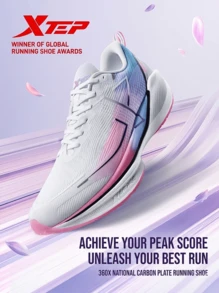 Sepatu Lari XTEP 360X Carbon Plate untuk Pria, Sepatu Olahraga Balap Profesional dengan Peredam Guncangan, Cocok untuk Tes Kebugaran Fisik, Warna Baru Putih/Biru Muda/Merah Muda Fluorescent - Putih Baru/Biru Cahaya Bulan/Merah Muda Ceri Fluorescent - View 1