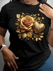 Rosa dorada rodeada de hojas brillantes y un corazón metálico que refleja el valor del amor eterno simbolizando la unión y la elegancia camiseta de mujer casual moderna para uso diario cómoda y atractiva - Negro - Ver 8