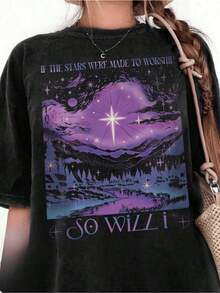Night Landscape With Mountains Reflected In A Lake Under A Purple Sky Full Of Stars That Evoke Serenity And Spiritual Connection. Modern, Comfortable, And Elegant Women's T-Shirt For Everyday Wear. - 黑色 - 查看 1