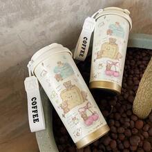 1件/5件 500ml 可愛甜美熊圖案保溫咖啡杯，附翻蓋與「Coffee」杯帶，可拆卸 304 不鏽鋼防漏旅行杯，適用熱飲與冷飲，適合可愛與粉色愛好者的理想禮物，冰咖啡 - 彩色 - 查看 3