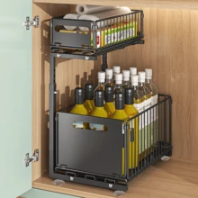 1 étagère de rangement pour évier, étagère de rangement coulissante à double niveau grande capacité, étagère de rangement pour placard de cuisine, étagère de rangement de salle de bain avec panier coulissant en métal, utilisée pour ranger les épices, les collations et les articles ménagers - Voir 7