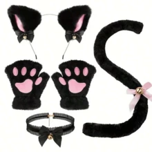 4pcs/3pcs/2pcs Cute Cartoon Cat Cosplay Accessory Set, Party Decorations, Includes Cat Ear Headband, Cat Paw Gloves, Cat Tail Necklace, Performance Props, Black & White Halloween Cat Cosplay Props Set - A - View 7