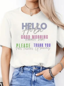 Palabras positivas en inglés y español que inspiran amabilidad con frases como Hello Hola Good Morning Buenos Días Please Por Favor Thank You Gracias creando un mensaje multicultural de respeto y energía alegre camiseta de mujer casual moderna - Blanco - Ver 8