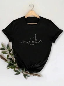 Paisaje urbano de París con la Torre Eiffel y aves que simbolizan libertad y romanticismo en una línea continua minimalista camiseta de mujer casual moderna cómoda elegante - Negro - Ver 1