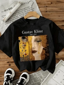 A Woman's Face Amidst Golden Tears Reflects The Connection Between Melancholy And The Beauty Of Classical Art. A Women's T-Shirt With An Elegant And Modern Artistic Touch. - 黑色 - 查看 1