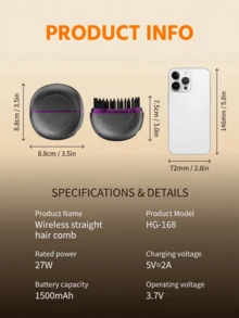 LEVIATECH Wireless Mini Hair Straightener Comb, 3 Adjustable Temperature Levels, USB Rechargeable, Heat-Resistant Design Suitable For All Hair Types, Portable Hair Straightener With Dual Straightening And Hair Care Functions - Multicolor - View 6