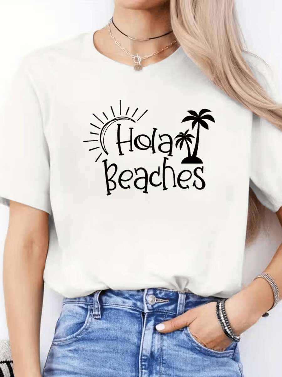 Radiant Sun Next To Palm Trees That Evoke Holidays And Summer Joy With A Fun Welcome To The Sea Phrase, Comfortable Casual Women's T-Shirt For Sunny Days And Relaxed Moments - 白色 - 查看 1