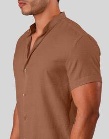 Men's Brown Dress Shirt, Dunas Fabric, Similar To Linen, Short Sleeve, Mandarin Collar - Summer 2026 Shirt - Cool Shirt - Beachwear - 鏽棕色 - 查看 5