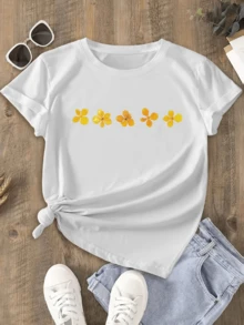Cinco flores amarillas que simbolizan la energía del sol y la alegría de los días claros reflejando frescura vitalidad y serenidad camiseta de mujer moderna cómoda para uso diario - Blanco - Ver 6