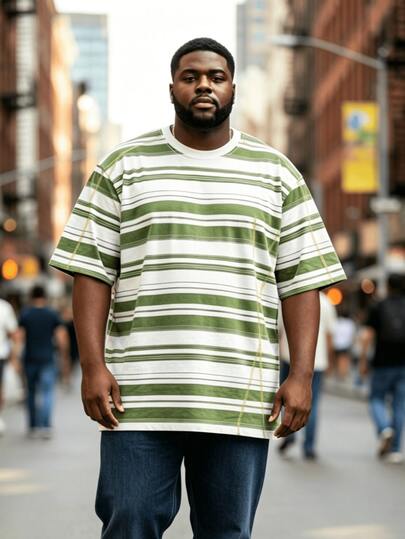 1pc Plus Size Men's Fashionable Sporty T-Shirt, Green & White Striped Print, Short Sleeve Crew Neck Tee, Casual Street Wear, Knit Fabric, Loose Fit, Suitable For Streetwear, Workout, Vacation, Great Gift For Men