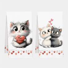 2pcs Cute Cartoon Hugging Cats Pattern Kitchen Towels, Soft Polyester Material Dish Cloths, Suitable For Kitchen Decor, Cleaning, Holiday Party Decoration, Kitchen & Bathroom Essentials, Home Decor, Housewarming Gift - Multicolor - View 10