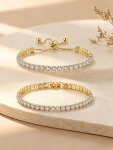 2pcs Women's Glamorous Design Cubic Zirconia Inlaid Shiny Bracelet Jewelry Set, Suitable For Parties, Dates And Holiday Gifts - 2 - View 4