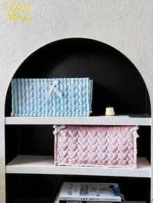 1 Cute Pink And Blue Three-Dimensional Bow Lace Storage Basket, Desktop Sundries Storage Basket, Lipstick Makeup Brush Skin Care Storage Basket, Desktop Decoration,For Back To School - Multicolor - View 1