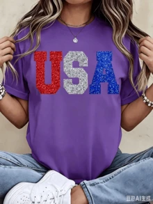 100%CottonGlitter Usa Patriotic T Shirt Red White And Blue Sparkle Print For Independence Day Celebration Party WearBreathable Cotton Tee, All Match - 紫色 - 查看 1