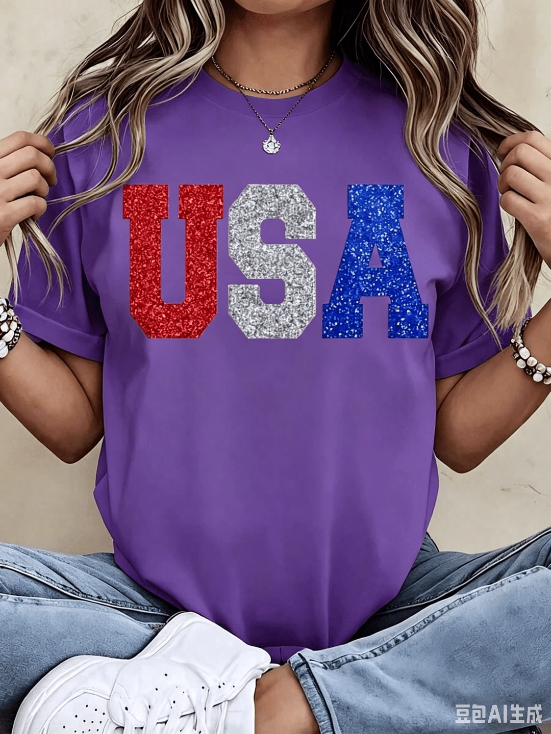 100%CottonGlitter Usa Patriotic T Shirt Red White And Blue Sparkle Print For Independence Day Celebration Party WearBreathable Cotton Tee, All Match - 紫色 - 查看 1
