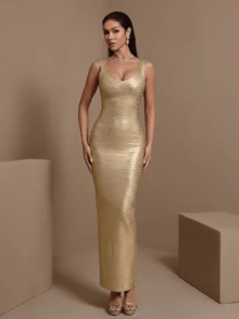 Elegant Women's Sleeveless Long Gold Knit Square Neck High Stretch Straight Minimalist Party Dress - Gold - View 4