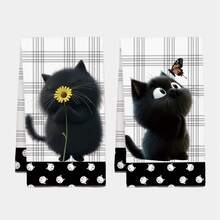 2pcs Cute Cartoon Black Cat Pattern Kitchen Towels, Soft Polyester Material Dish Cloths, Suitable For Kitchen Decor, Cleaning, Holiday Party Decoration, Kitchen & Bathroom Essentials, Home Decor, Housewarming Gift - Multicolor - View 10