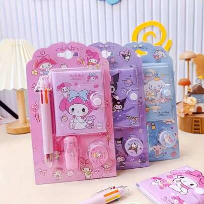 SANRIO مجموعة قرطاسية سانريو - 6 أقلام حبر جاف ملونة، دفتر صغير، أقلام ملونة، شريط - مجموعة دفتر - واحدة من أفضل الهدايا لعيد الميلاد والهالوين والحفلات والأعياد، هدايا الحفلات، لوازم مدرسية