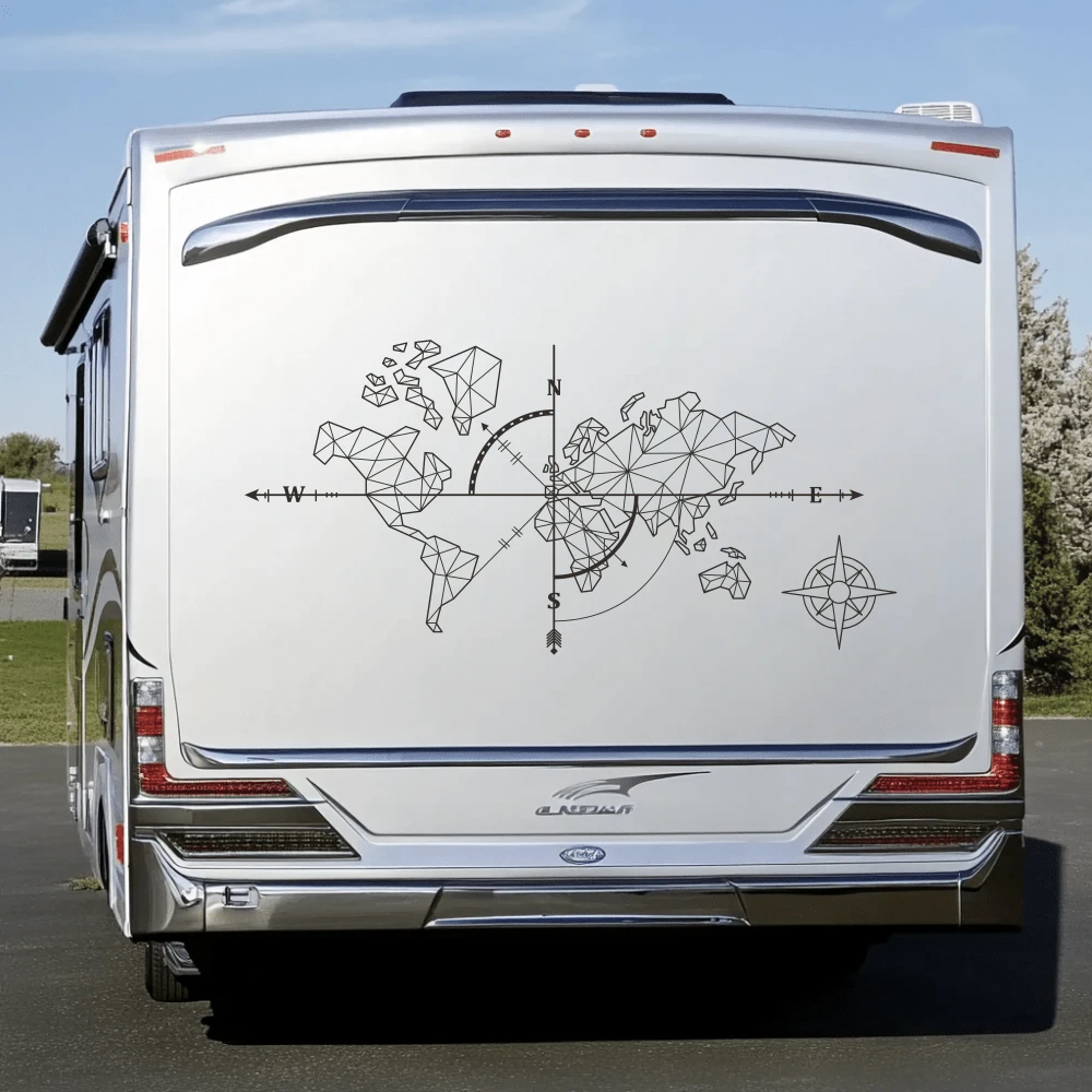 102x49CM Large Geometric World Map Compass Vinyl Sticker For RV Camper Van Waterproof Adventure Travel Decal, Removable Outdoor Wanderlust Design For Car Exterior, Truck, Trailer & Camper Decor, UV Resistant Long-Lasting Vinyl Decal For Road Trip Enthusiasts, Perfect Gift For Van Life Lovers - A - View 1