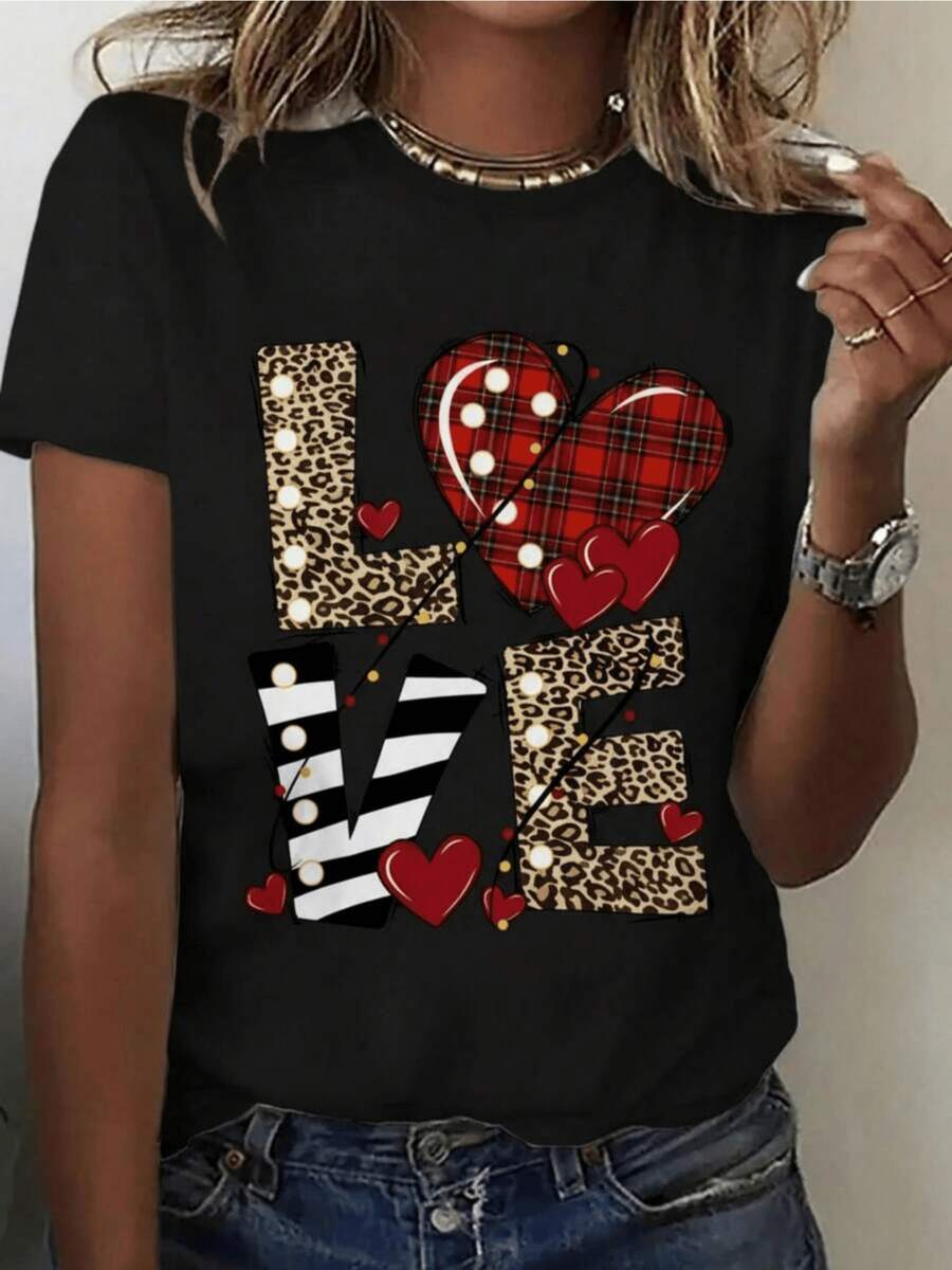 Red Hearts And Lettering With Leopard And Striped Print Symbolize Passion And Inner Energy, Blending Strength And Tenderness. Modern Casual Women's T-Shirt For Everyday Wear - Black - View 1