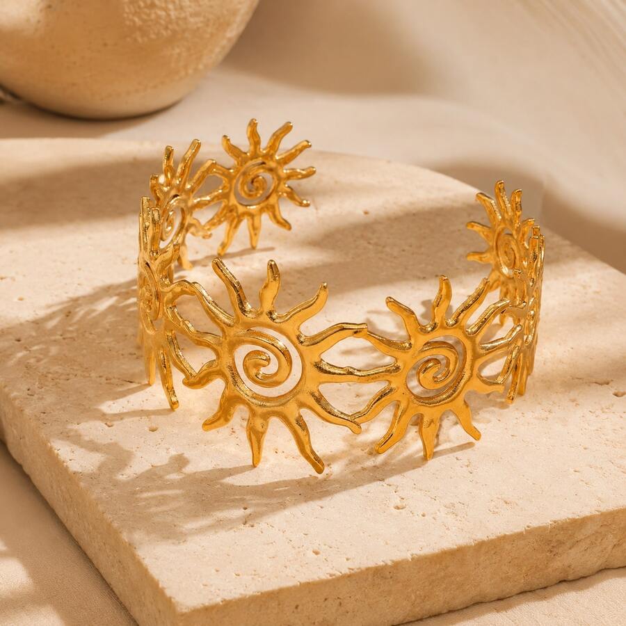 1 Bohemian Spiral Sun Patchwork Bracelet - Stainless Steel Interlocking Sun Design, Gold Tone Embellishments, Elegant Daily And Wedding Jewelry, Unisex, Suitable For Daily Wear, Festival Accessories, Bohemian Style, Durable Bracelet - Vàng - Xem 1
