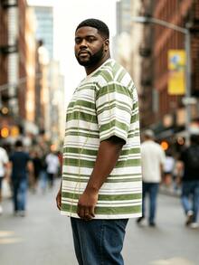1pc Plus Size Men's Fashionable Sporty T-Shirt, Green & White Striped Print, Short Sleeve Crew Neck Tee, Casual Street Wear, Knit Fabric, Loose Fit, Suitable For Streetwear, Workout, Vacation, Great Gift For Men - Multicolor - View 3
