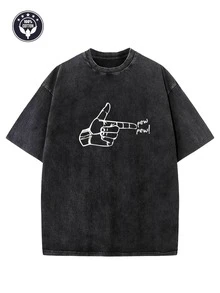 1 Piece "Bang Bang!" Pure Cotton 230g T-Shirt With Creative Print, Loose Fit, Dropped Shoulders, Urban Vintage Style For Men, Basic T-Shirt, Loose Fit, Hip-Hop Style, Unisex, Acid Washed, 100% Cotton. - 黑色 - 查看 2