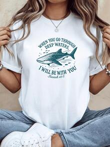 Shark Swimming In Deep Waters Symbolizing Strength, Hope, And Faith In Difficult Times With An Inspirational Biblical Phrase. Women's Casual, Modern, Comfortable T-Shirt - White - View 1