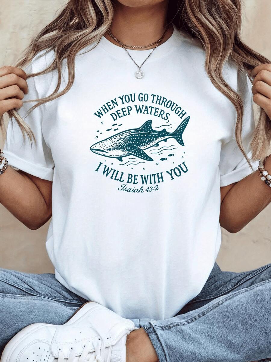 Shark Swimming In Deep Waters Symbolizing Strength, Hope, And Faith In Difficult Times With An Inspirational Biblical Phrase. Women's Casual, Modern, Comfortable T-Shirt - White - View 1