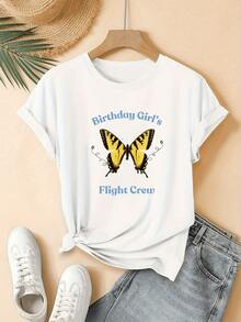 Yellow Butterfly With Outstretched Wings Symbolizing Freedom, Joy, And The Positive Energy Of New Beginnings, Accompanied By Festive Words. Women's Casual T-Shirt For A Modern And Comfortable Birthday. - 白色 - 查看 6