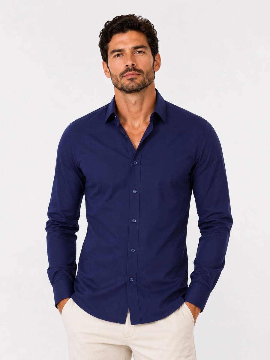 Rand paul Men's Long Sleeve Shirt - Slim Fit Slightly Stretchy - 藏蓝色 - 查看 1