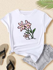 Flores rosadas con tallos verdes que representan la frescura y la pureza de la naturaleza evocan alegría y serenidad en cada detalle camiseta de mujer blanca casual cómoda para uso diario elegante y ligera - Blanco - Ver 1