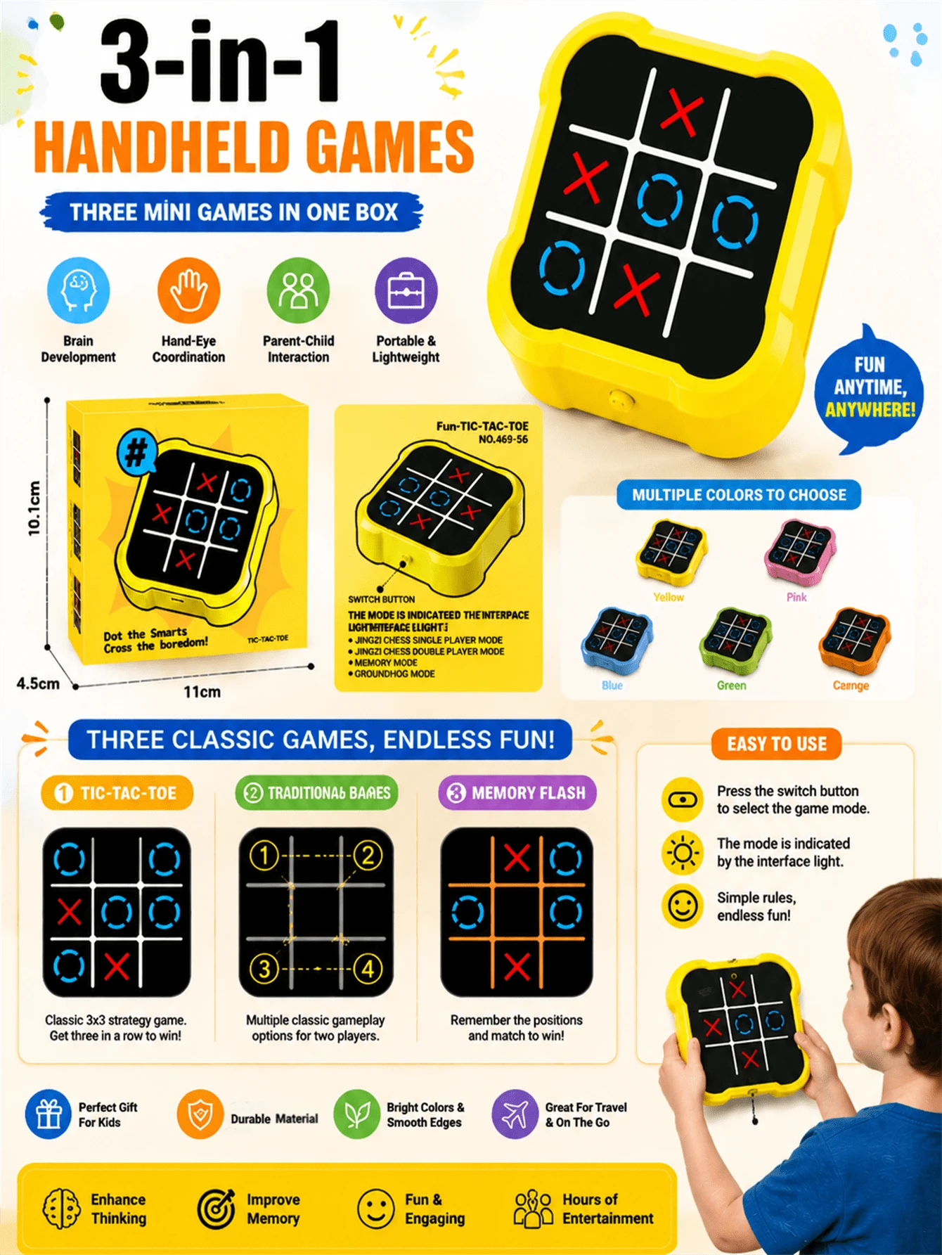 Kids Touchscreen Tic-Tac-Toe Game Console – 4 Modes (Single/Two-Player/Memory/Whack-A-Mole) | Brain & Hand Coordination Puzzle Toy | Desktop Electronic Learning Game For Ages 3+ | Birthday Gift For Boys & Girl