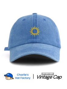 1 Stück Unisex Vintage Washed Baseballkappe - minimalistisch bestickter Sonnenstich - verschiedene retro Farben erhältlich - weich verstellbarer Vatertagshut, geeignet als Geschenk für Astrologie, Sternenhimmel, Natur und Sport - Sonne - Übersicht 7