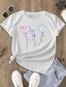 Three Flowers Drawn With Delicate Lines Forming Hearts In Shades Of Pink, Blue, And Lilac Symbolizing Love, Serenity, And Connection With Nature. A Comfortable And Modern Casual Women's T-Shirt For Everyday Wear. - 白色 - 查看 1