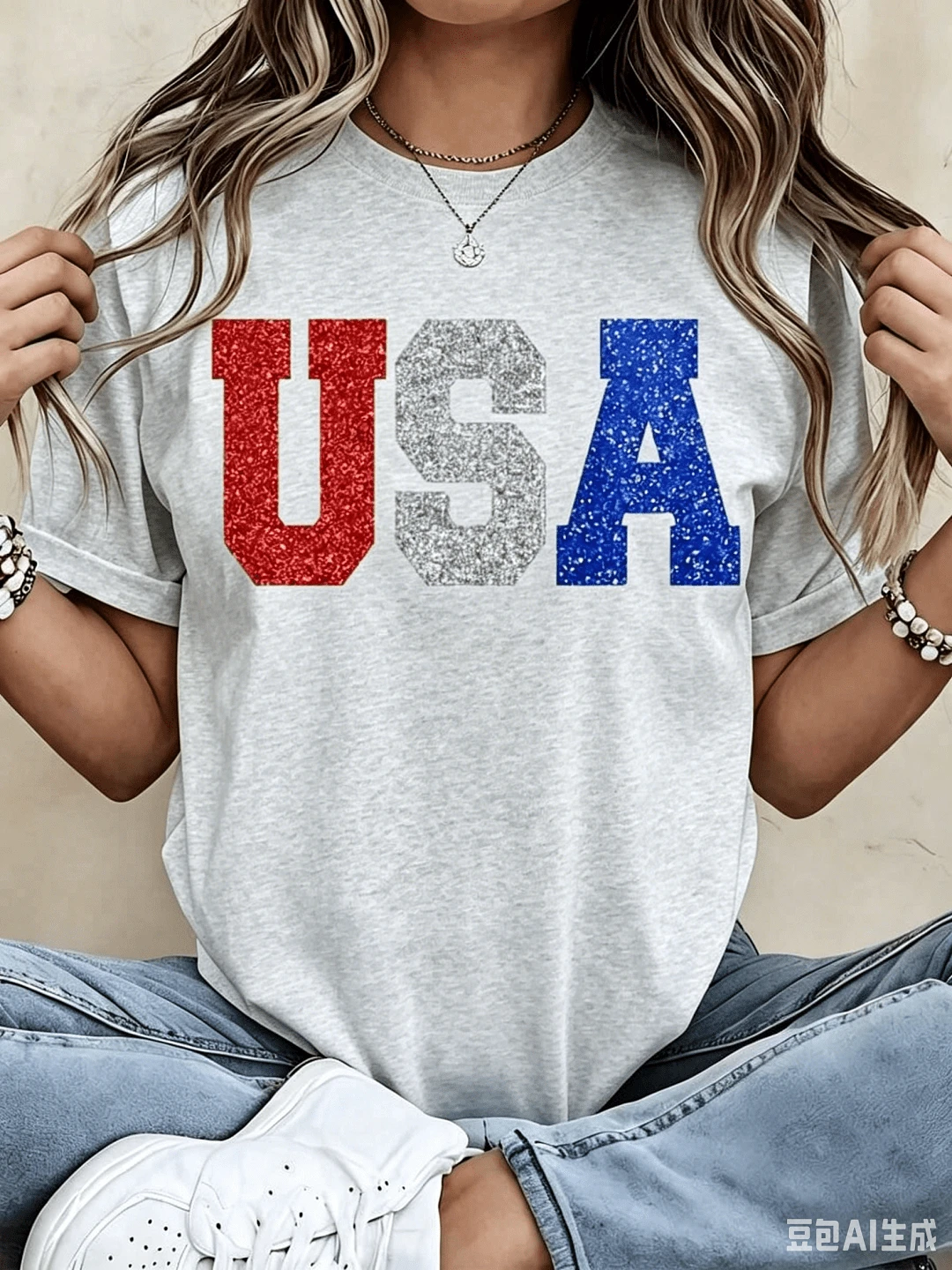 100%CottonGlitter Usa Patriotic T Shirt Red White And Blue Sparkle Print For Independence Day Celebration Party WearBreathable Cotton Tee, All Match - 灰色 - 查看 1