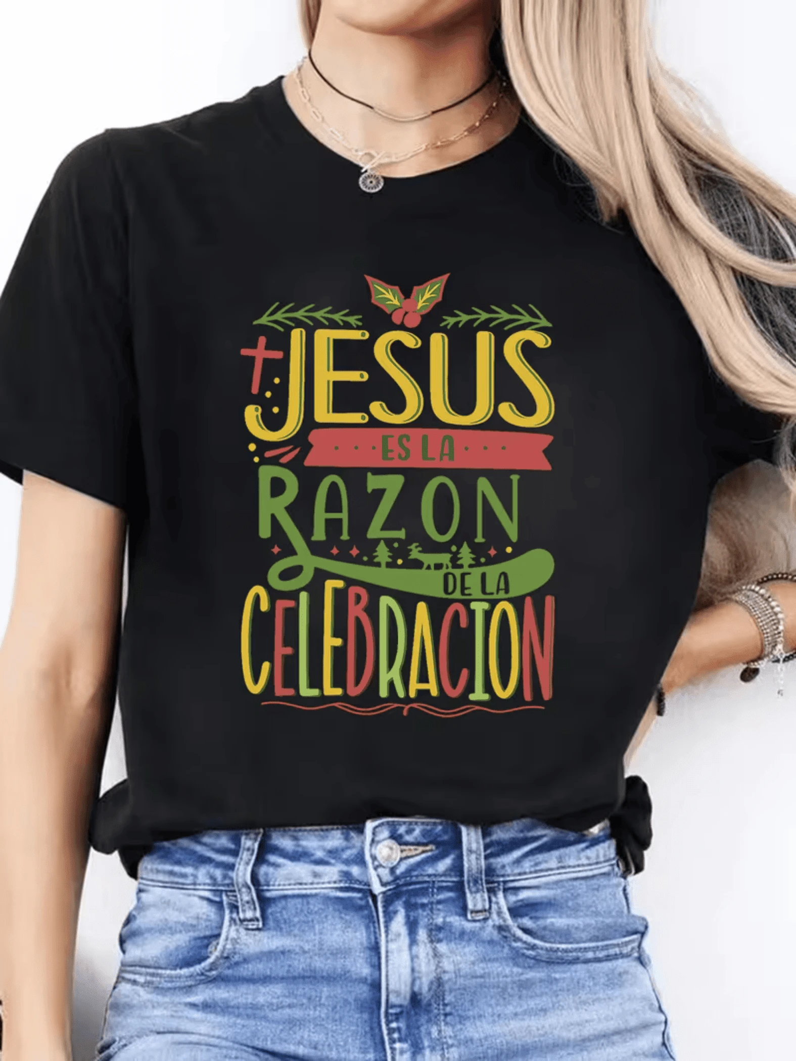 Spiritual Phrase With Cross And Leaves That Inspires Faith, Hope And Gratitude, Reminding Us Of The True Reason For Joy And Family Unity. Casual Women's T-Shirt With Positive Message - 黑色 - 查看 1