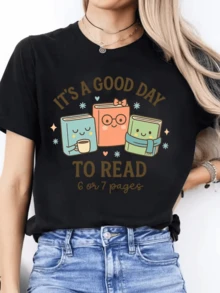 Animated Books That Convey Joy And A Passion For Reading With Smiling Faces And Coffee Cups That Inspire Peaceful Days Of Study And Relaxation; Fun Casual Women's T-Shirt Ideal For Creative Readers - 黑色 - 查看 8