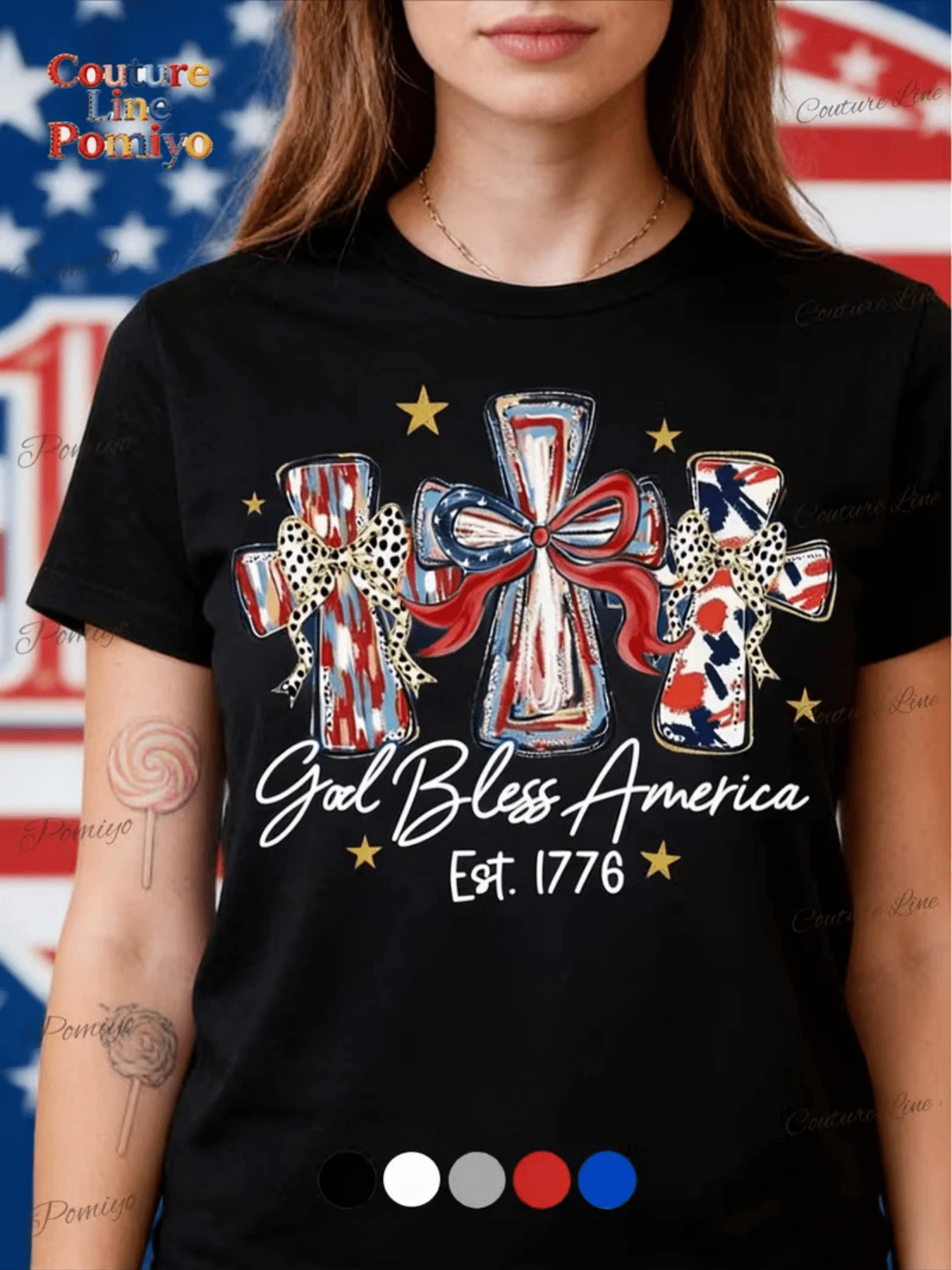 Crosses Decorated With The American Flag And Gold Stars Celebrate The Patriotic Spirit With Strength And Hope. Comfortable And Modern Women's T-Shirt To Express National Pride - 黑色 - 查看 1