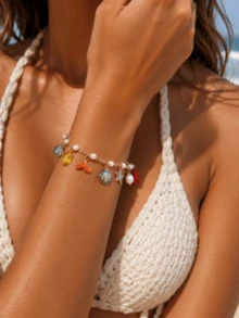 1pc Bohemian Ocean Starfish, Seashell & Faux Pearl Charm Bracelet, Suitable For Daily Wear, Beach, Vacation, Women Summer Jewelry Gift - Multicolor - View 1