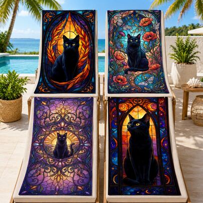 1pc Mysterious Black Cat Cathedral Stained Glass Element Beach Towel, Super Soft Microfiber Extra Large Beach Blanket, Super Absorbent Bath Towel, Suitable For Travel, Swimming Pool, Diving, Surfing, Yoga, Camping, Available In Multiple Sizes, Beach Accessories For Beach, Pool, Travel, Camping, Yoga