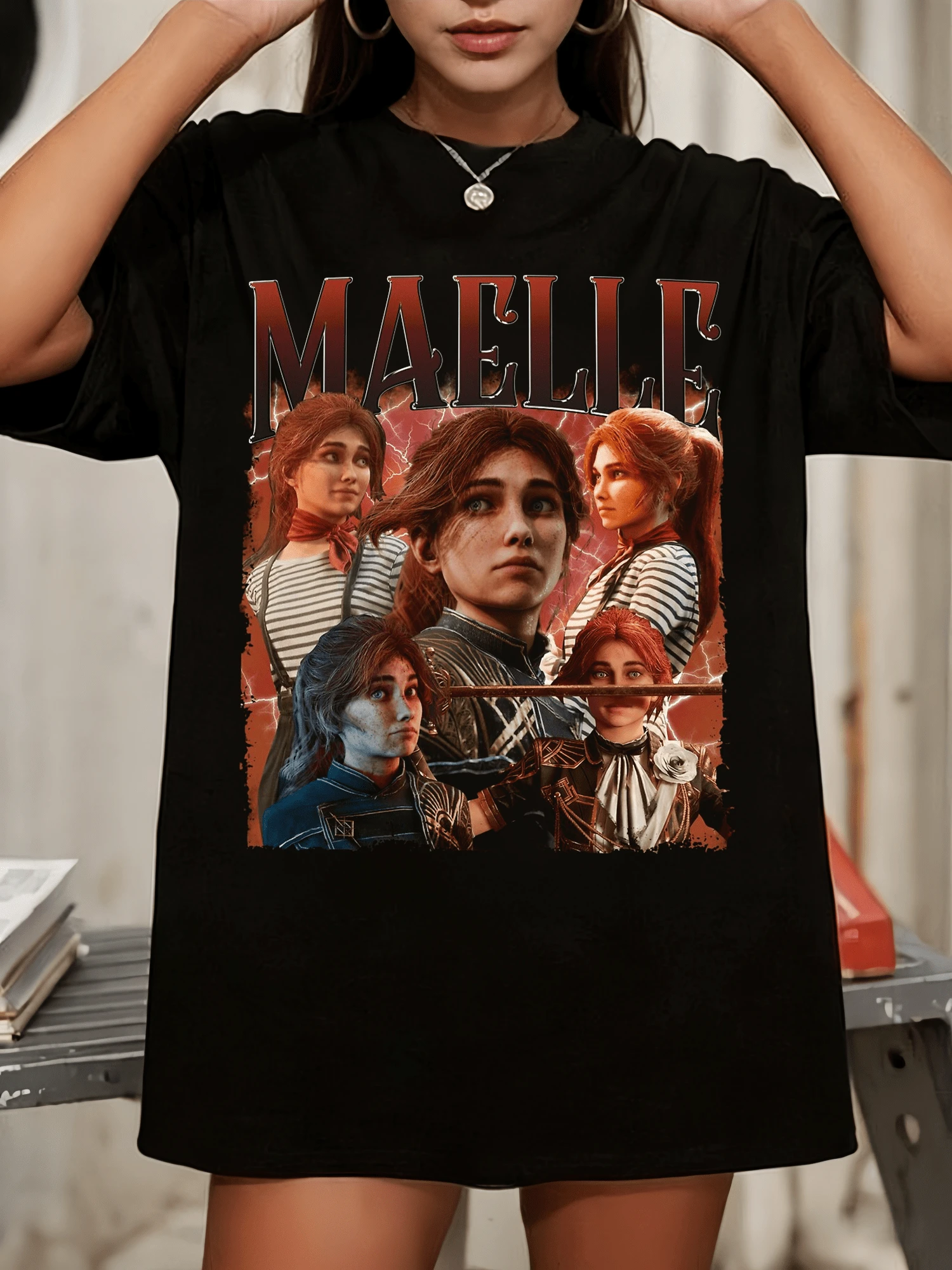 Expedition 33 Maelle Print T-Shirt, Clair Obscur Multi-Character Graphic Tee, Fantasy RPG Fan Top - Black - View 1