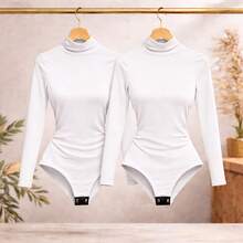 Women's Long Sleeve Bodysuit, Sizes PP To G5, Elegant Plus Size Blouse, Autumn/Winter Bodysuit - 2件白色長袖連身衣 - 查看 16